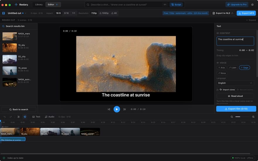Reelary editor: script-driven timeline with burned-in captions and a local AI voice-over track