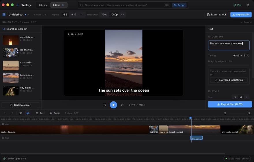Reelary editor: script-driven timeline with burned-in captions and a local AI voice-over track