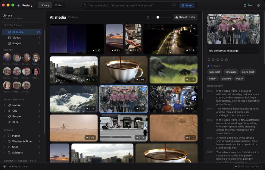 Reelary library with people detected across the footage and a clip inspector showing AI scene descriptions