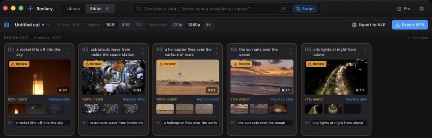 Reelary's script-driven timeline: each line of the script becomes a segment filled with matching shots