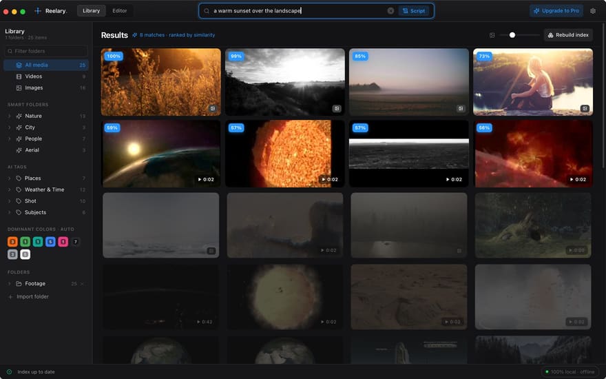 Reelary searching a local footage library in plain words - results ranked by similarity, 100% on-device
