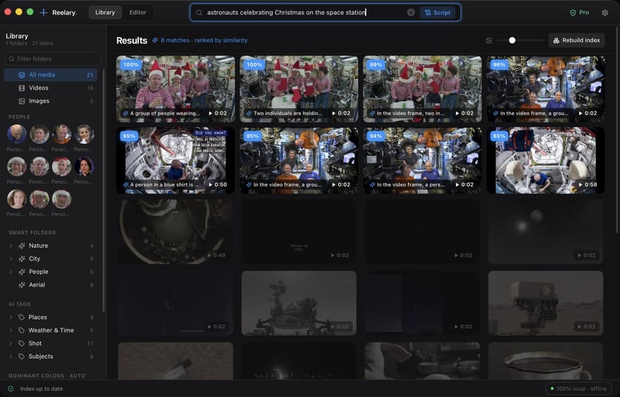 Reelary searching a local footage library in plain words - results ranked by similarity, 100% on-device