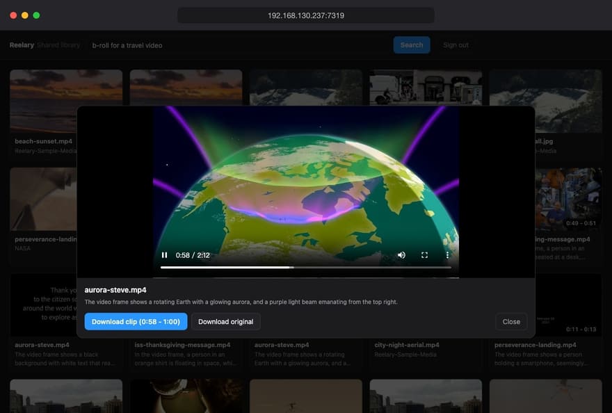 Previewing a shared shot in the browser with buttons to download the matching clip or the original file