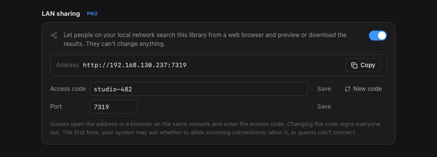 LAN sharing settings in Reelary: on/off switch, network address with a copy button, access code and port